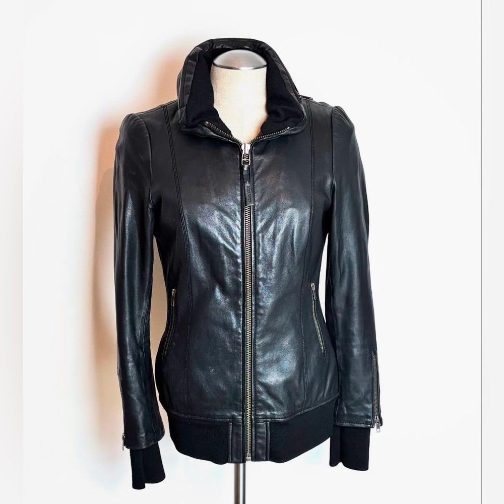 Mackage Black leather jacket with hidden hood in collar size small - Picture 2 of 11
